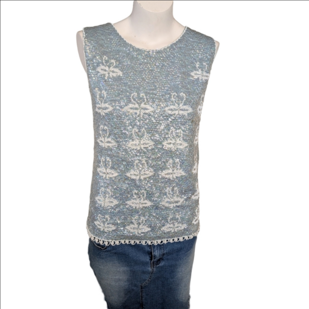 Vintage Blue and White Sequin Sleeveless Top 1960 Size L